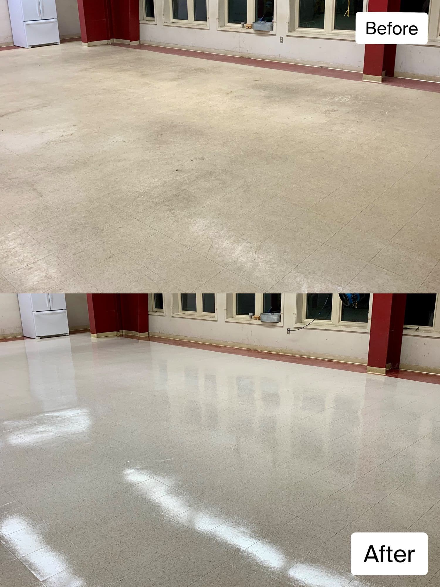 Hallway floor before and after strip and wax by Peak Services